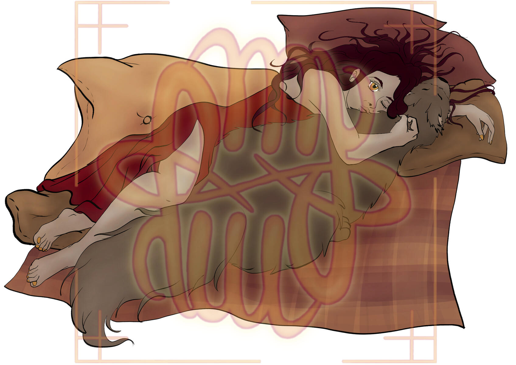human, animal, full body, dog, simple shading, object, blanket, pillow, 1+ characters