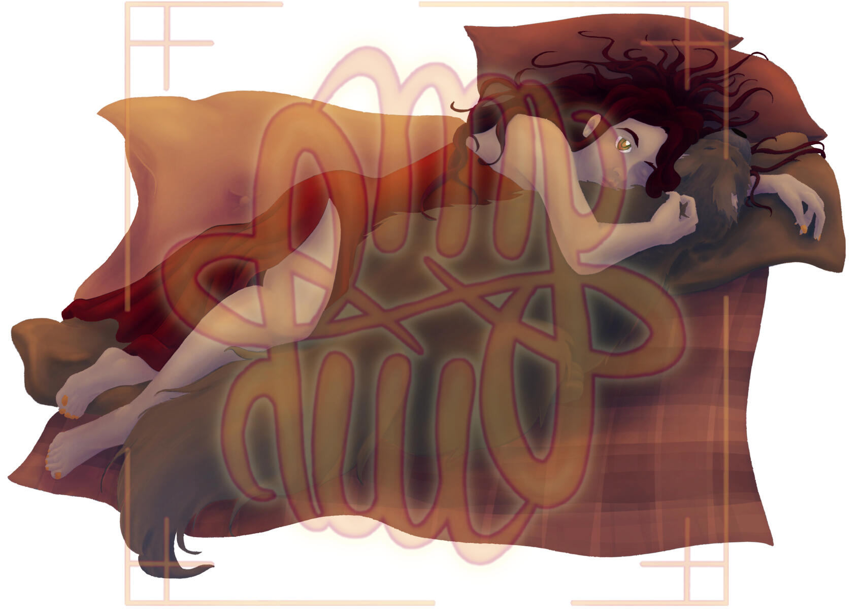 human, animal, full body, dog, full render, object, blanket, pillow, 1+ characters