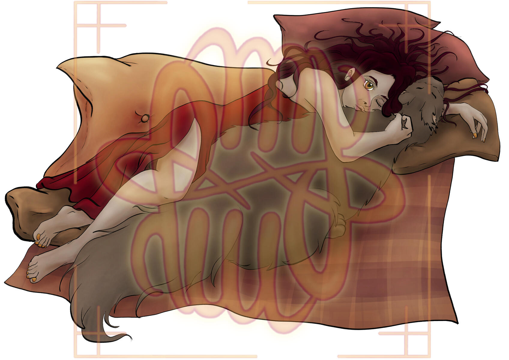 human, animal, full body, dog, full shading, object, blanket, pillow, 1+ characters