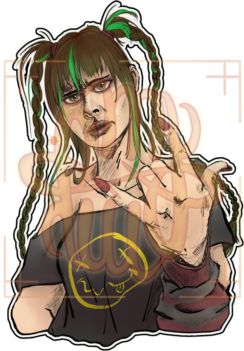 Art Fight, human, half body, sticker, hatching, minimal shading