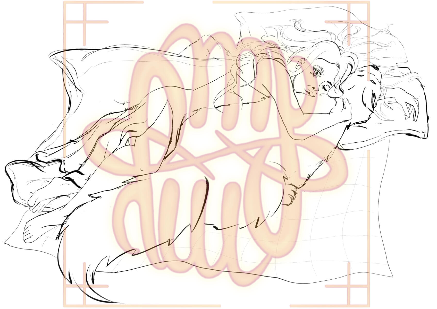 human, animal, full body, dog, sketch, object, blanket, pillow, 1+ characters