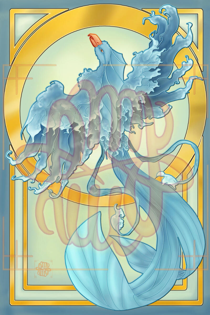 Art Fight, creature, full body, full shading, phoenix, bird, card, Art Nouveau