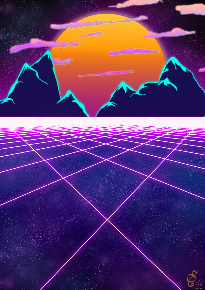 card, landscape, minimal shading, Synthwave