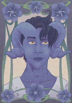 Art Fight, humanoid, portrait, simple shading, Art Nouveau, Tiefling, DnD,