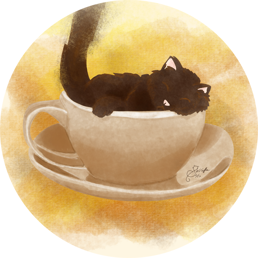 mood, object, cup, animal, cat, simple shading, painterly, watercolor, sticker
