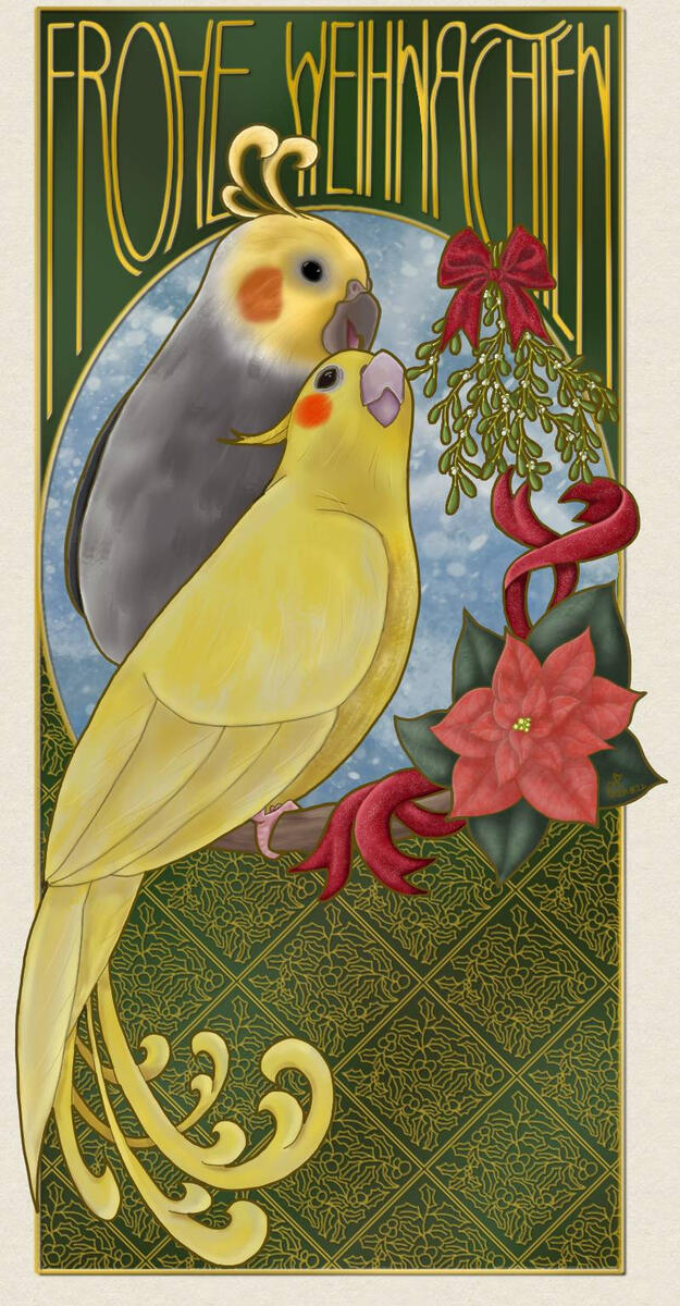 card, Christmas, animal, bird, cockatiel, full body, full render, painterly, realism, Art Nouveau, 1+ characters